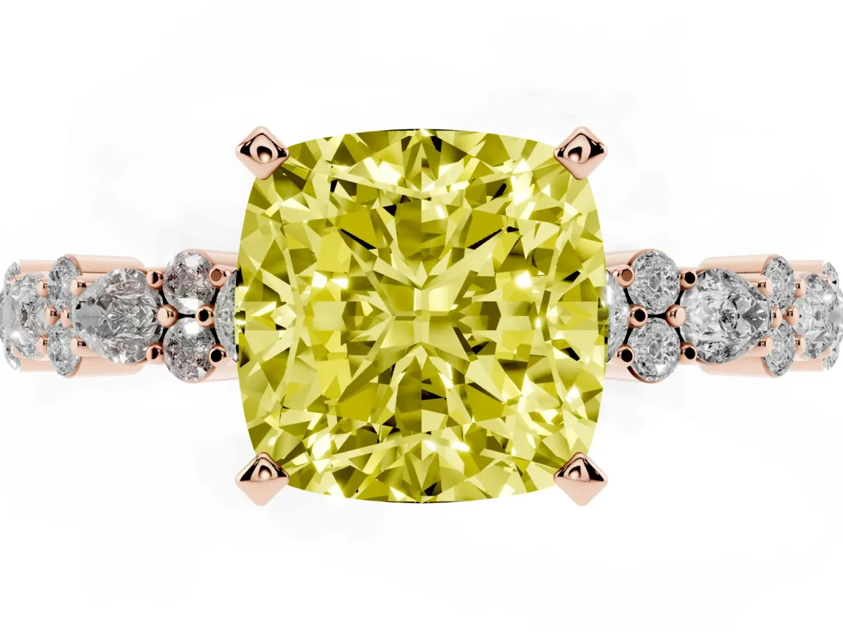Fancy Yellow Cushion Cut Diamond Side Stone Solitaire Ring with Round and Four-Prong Setting Rose gold
