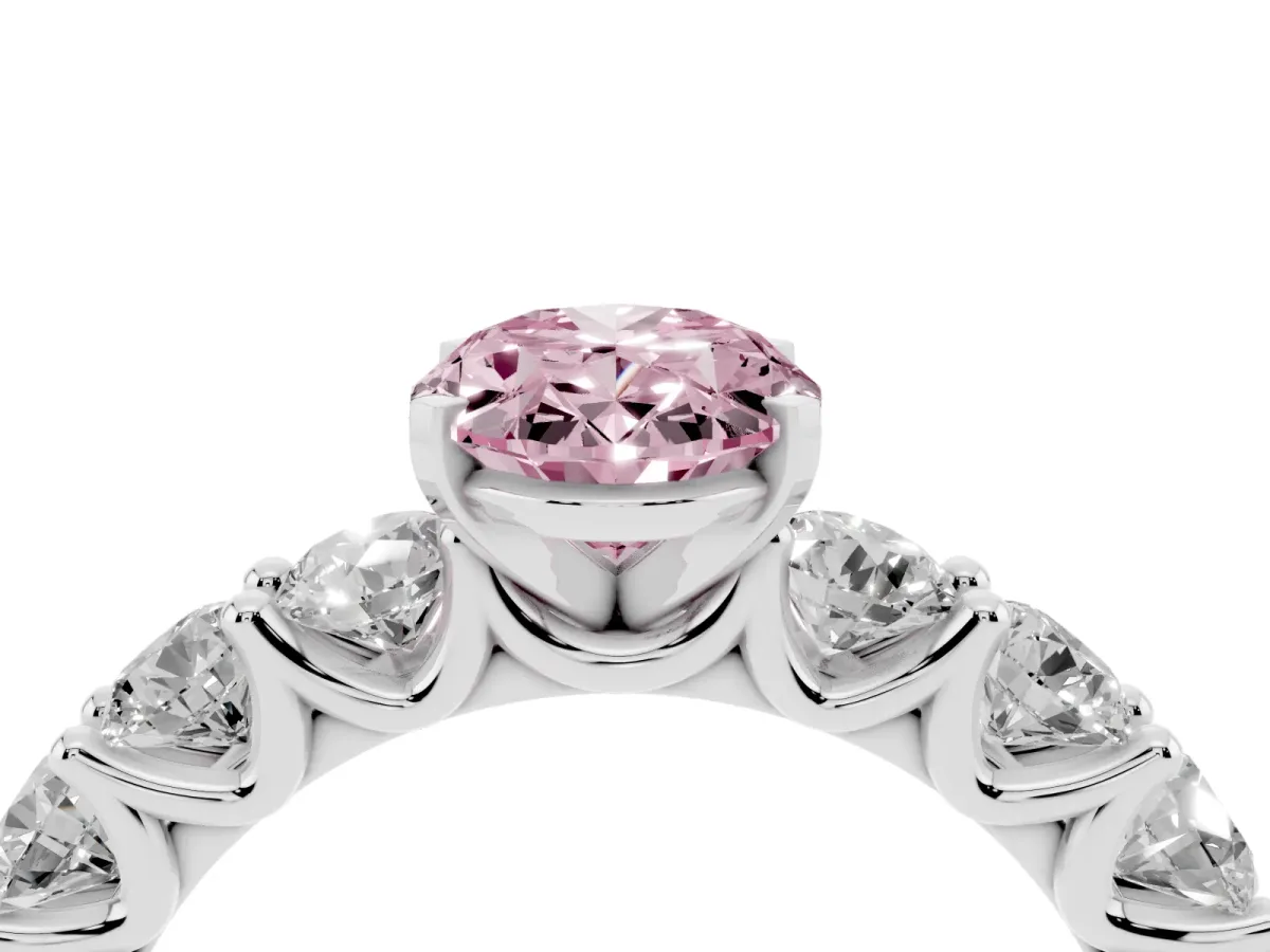 Fancy Pink Oval Cut Diamond Prong Setting with Side Stones on a Pave Band Silver