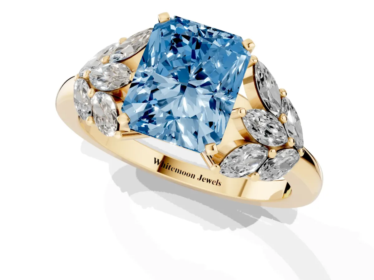 Fancy Blue Radiant Cut Diamond Cluster Leaf Design Ring with Prong Setting Yellow gold