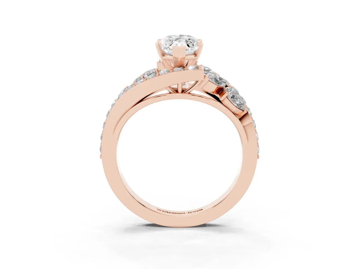 Marquise Cut Diamond Halo Ring with Marquise and Pavé Band in Prong Setting Rose gold