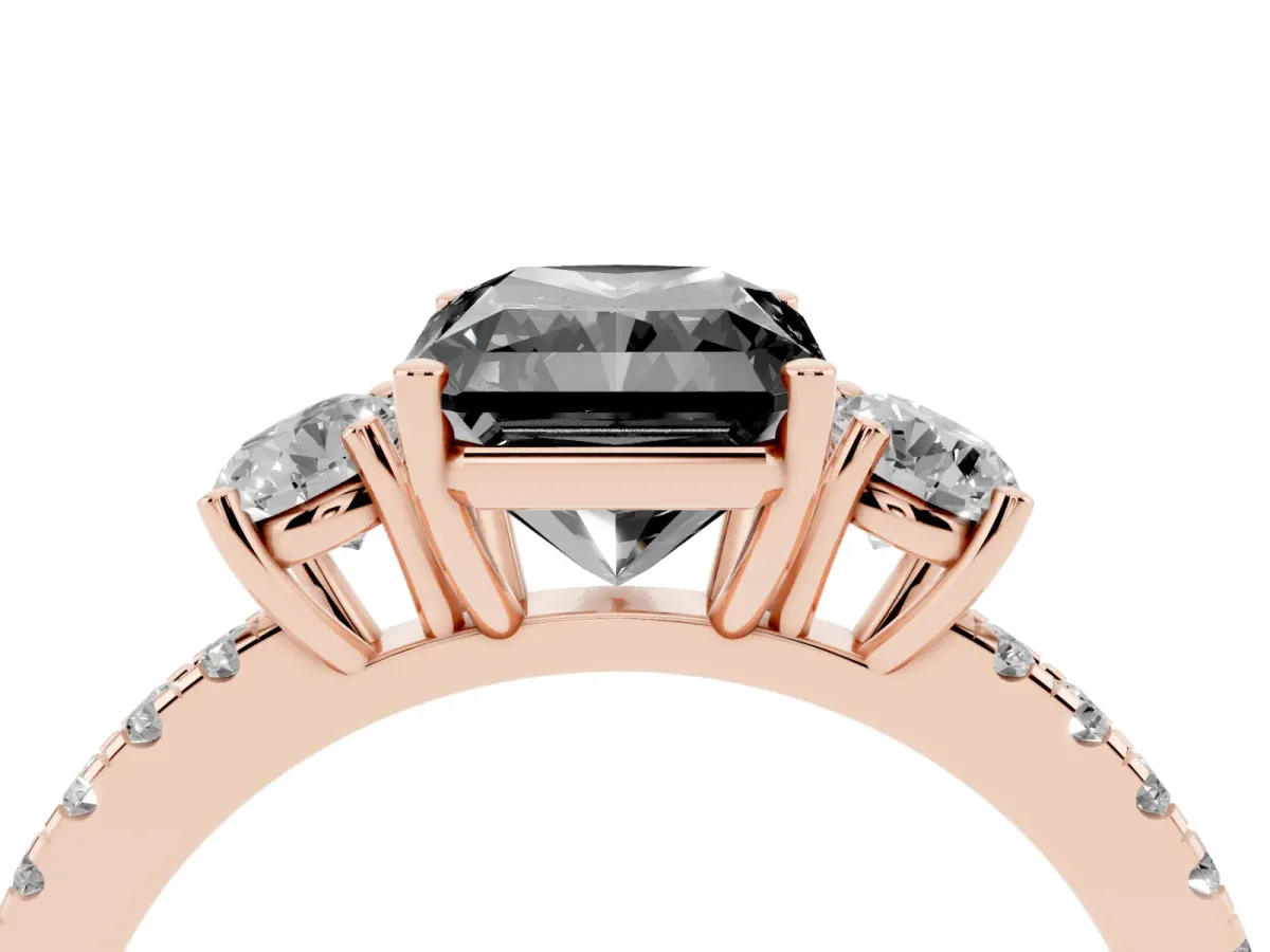 Fancy Black Three-Stone Radiant Cut Cut Diamond Pavé Band with Prong Setting Rose gold