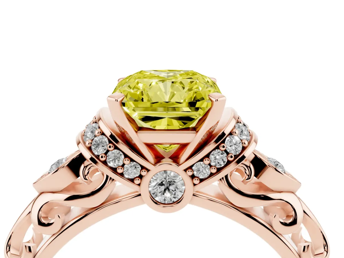 Fancy Yellow Radiant Cut Diamond Solitaire Ring with Filigree Band and Four-Prong Setting Rose gold