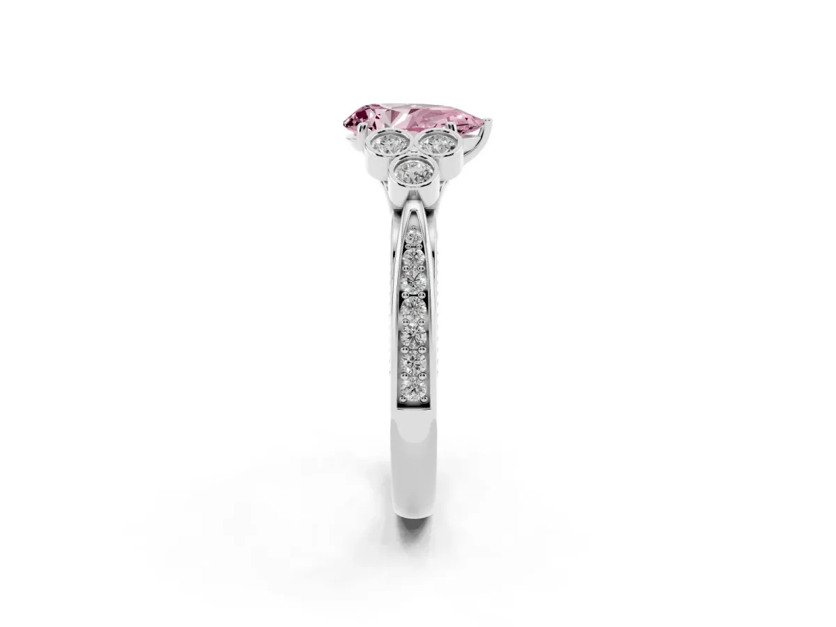 Fancy Pink Pear Cut Cut Diamond Engagement Ring with Bezel Set Round Side Stones and Prong Setting Silver