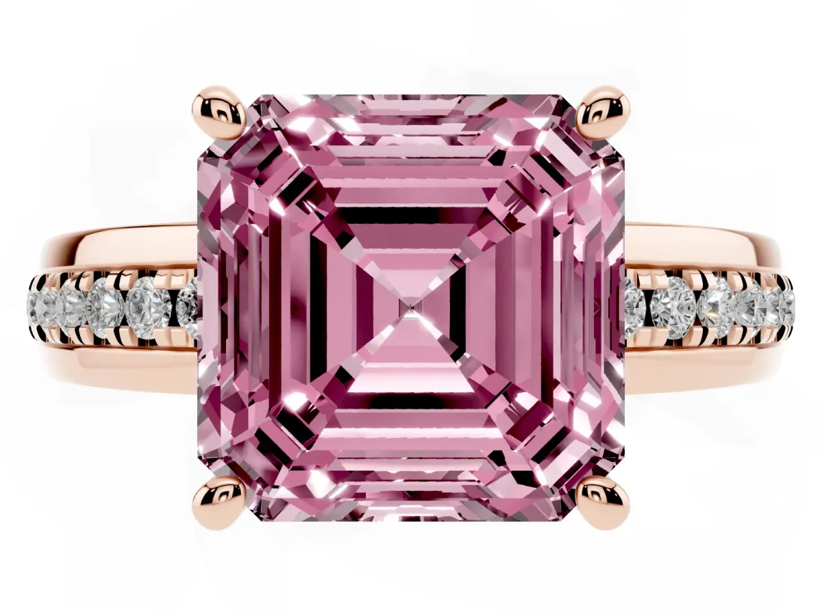 Fancy Pink Asscher Cut Solitaire Diamond Ring with Channel Set Band and Six-Prong Setting Rose gold