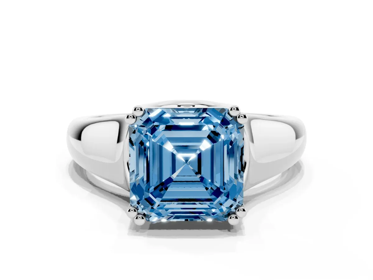 Fancy Blue Asscher Cut Diamond Solitaire Ring with Wide Band and Prong Setting Silver