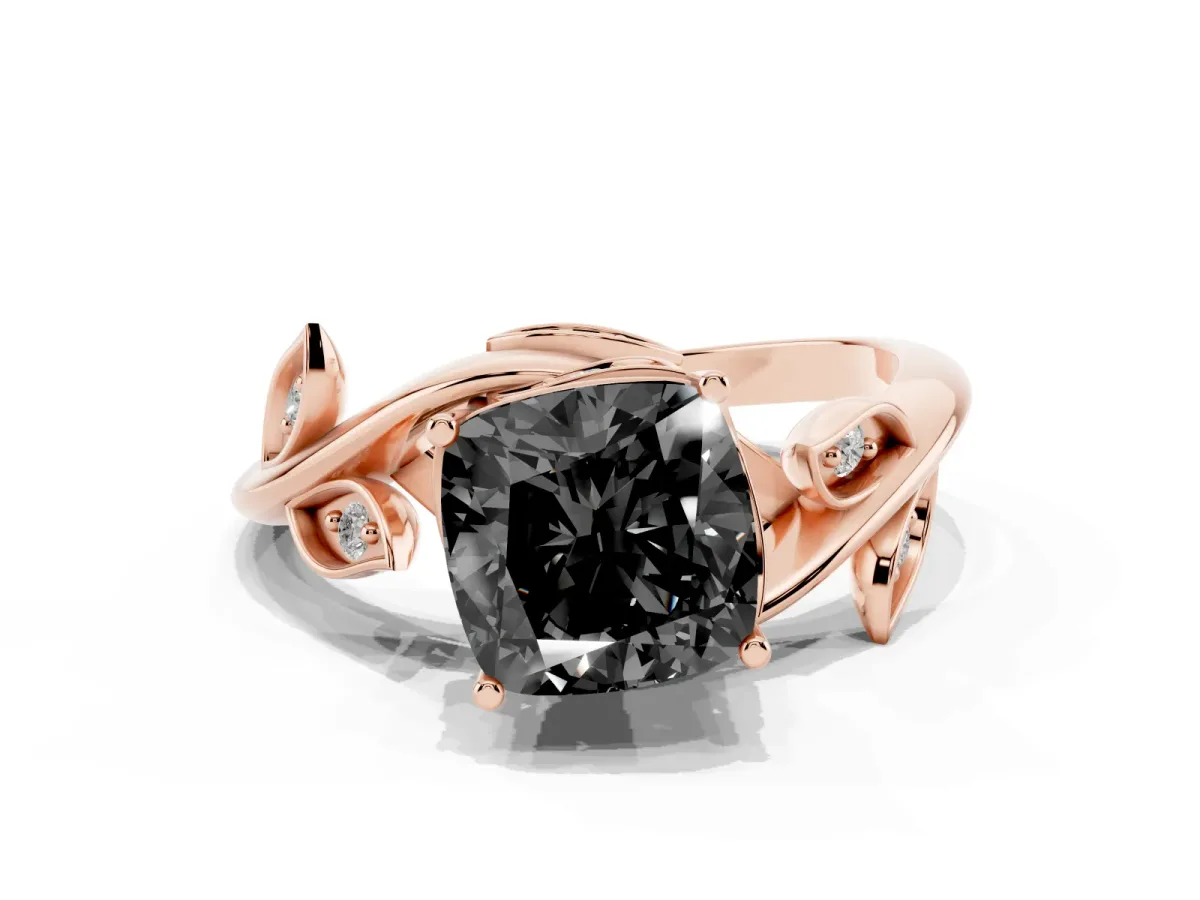 Fancy Black Cushion Cut Solitaire Twist Engagement Ring with Leaf Accents and Prong Setting Rose gold
