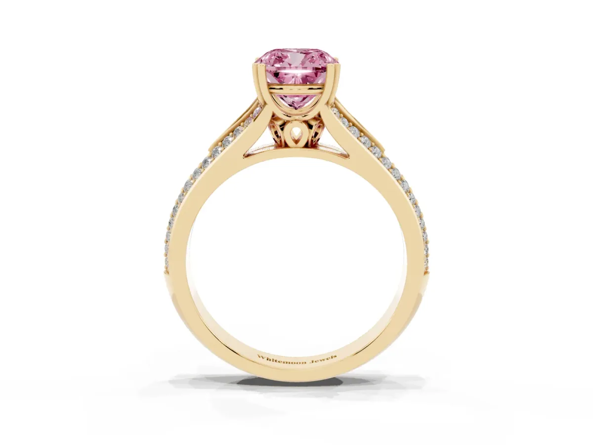Fancy Pink Cushion Cut Diamond Split Shank Engagement Ring with Pavé Band Yellow gold