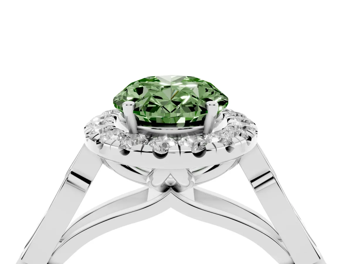 Fancy Green Oval Cut Halo Diamond Engagement Ring with Filigree Band and Four-Prong Setting Platinum