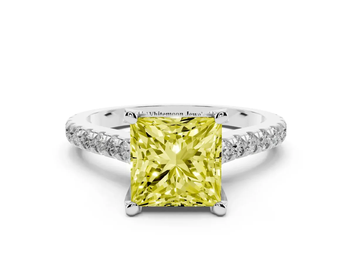 Fancy Yellow Princess Cut Brilliant Diamond Solitaire with Pavé Band and Four-Prong Setting Platinum