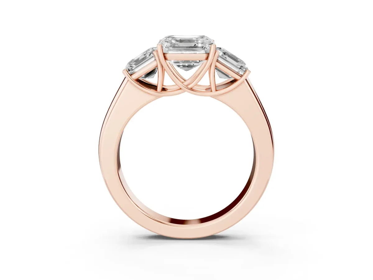 Three-Stone Asscher Cut Cut Diamond Ring with Prong Setting and Classic Band Rose gold