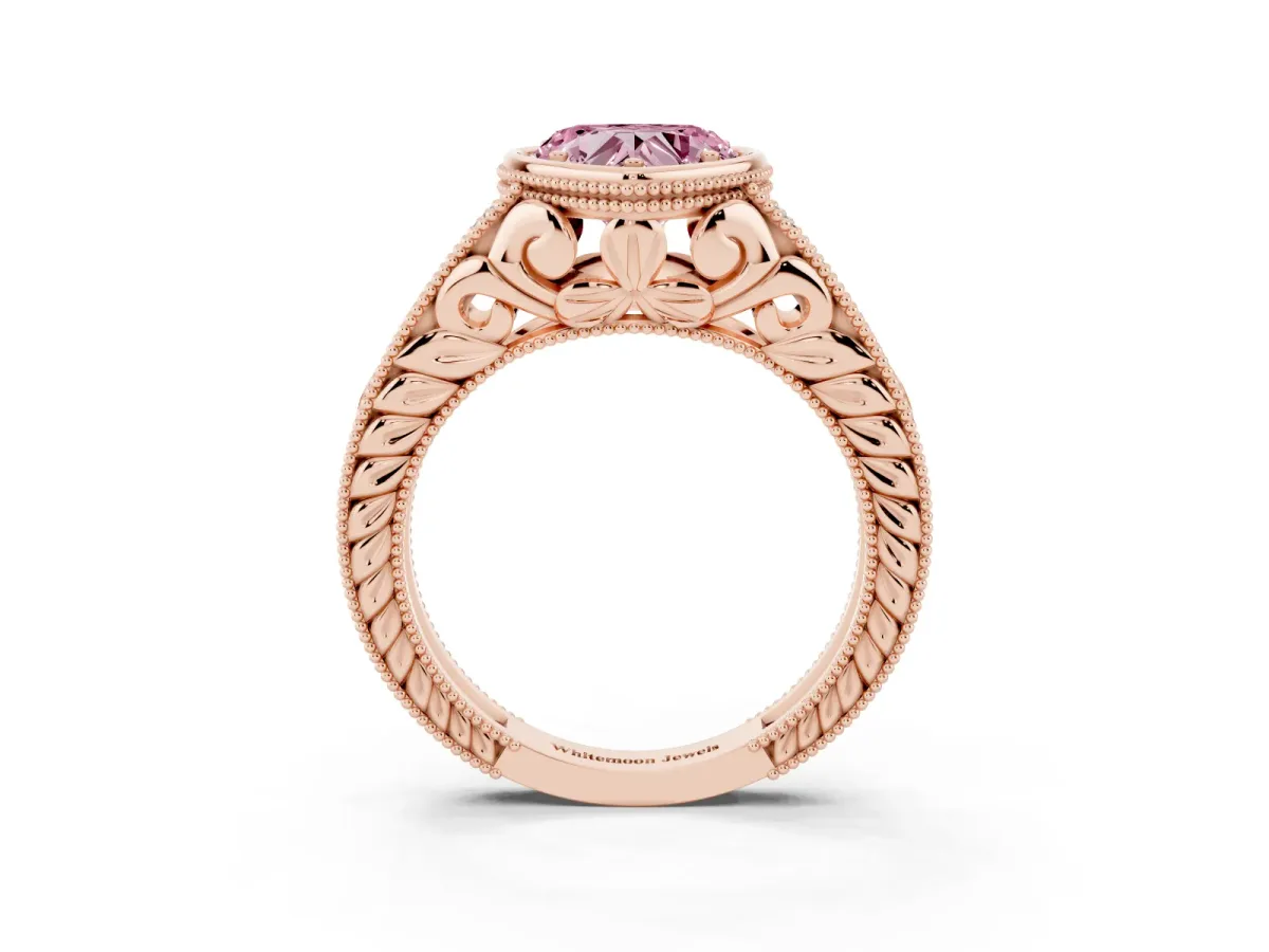 Fancy Pink Bezel Set Heart Cut Diamond Milgrain Pave Engagement Ring Rose gold