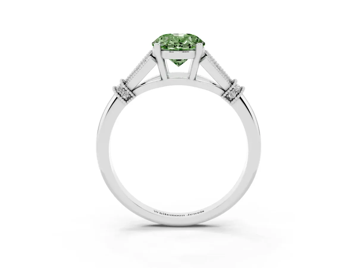 Fancy Green Oval Cut Diamond Solitaire Ring with Floral Filigree and Pave Accents Silver