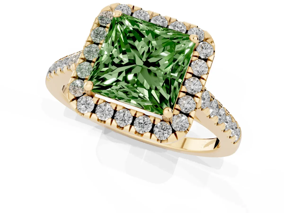 Fancy Green Princess Cut Halo Pave Diamond Engagement Ring with Four-Prong Setting Yellow gold