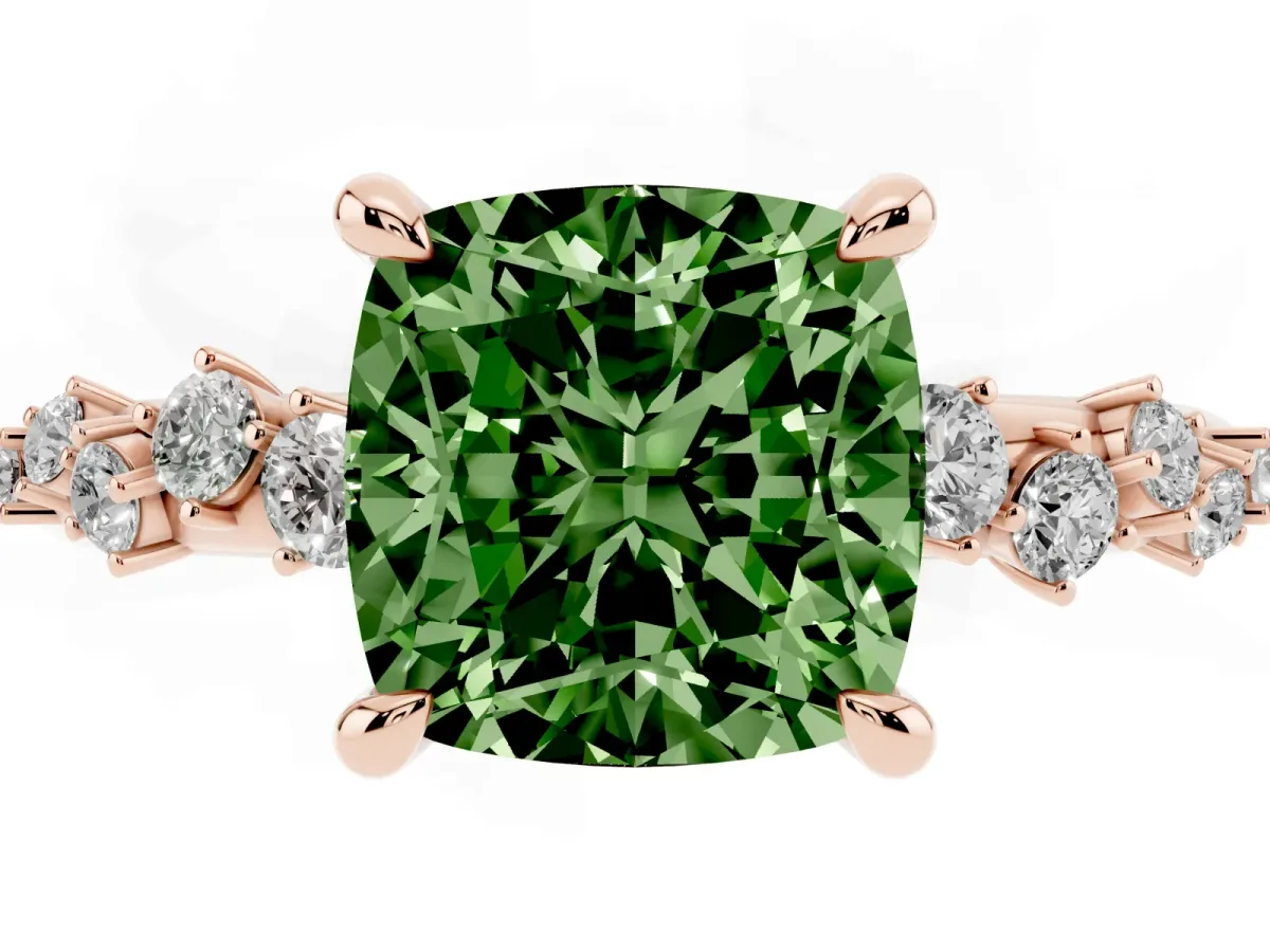 Fancy Green Cushion Cut Cut Diamond Vine Band with Four-Prong Setting Rose gold