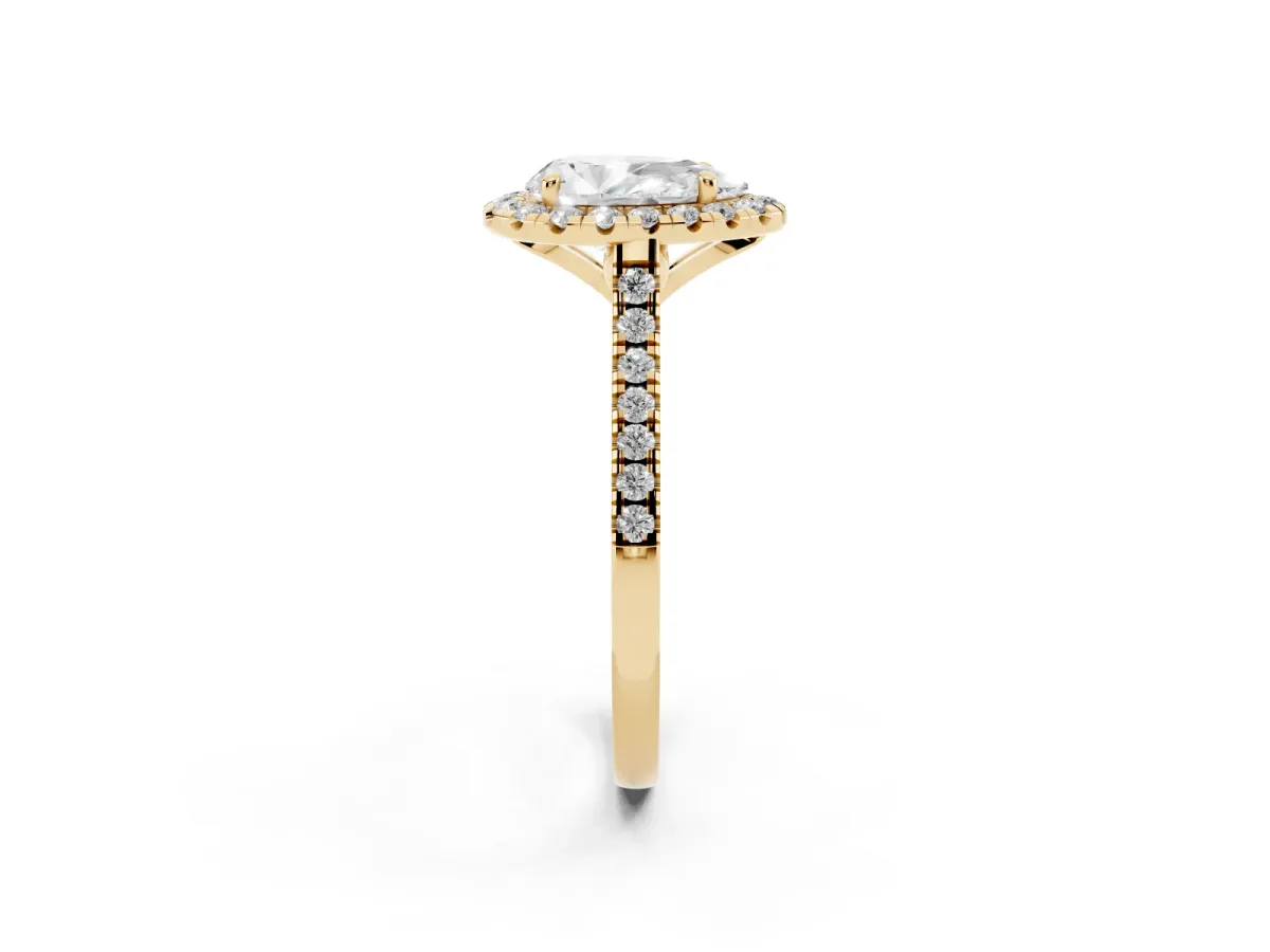 Pear Cut Diamond Cushion Halo Ring with Pavé Band Yellow gold