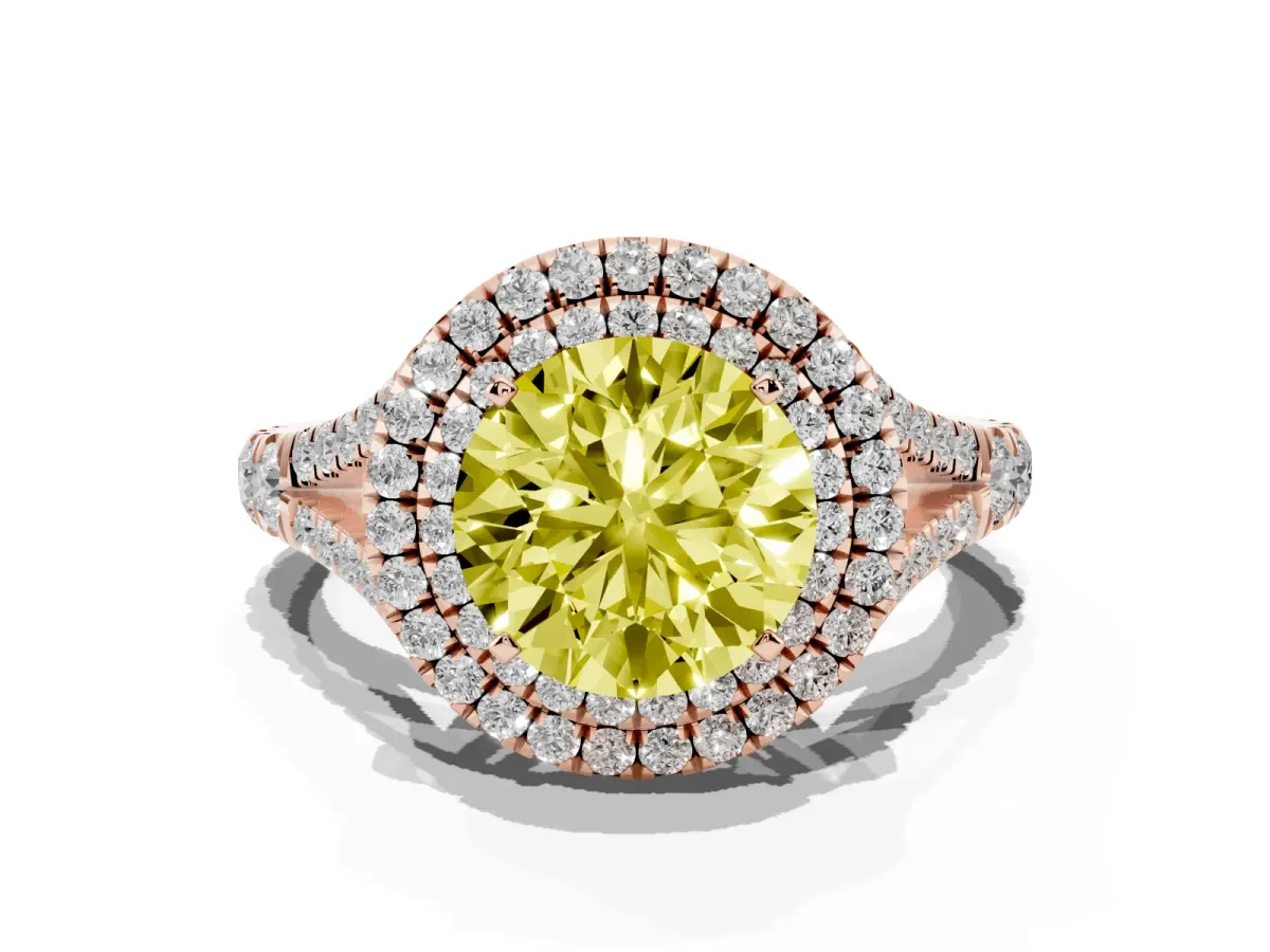 Fancy Yellow Round Cut Diamond Double Halo Ring with Split Shank and Prong Setting Rose gold