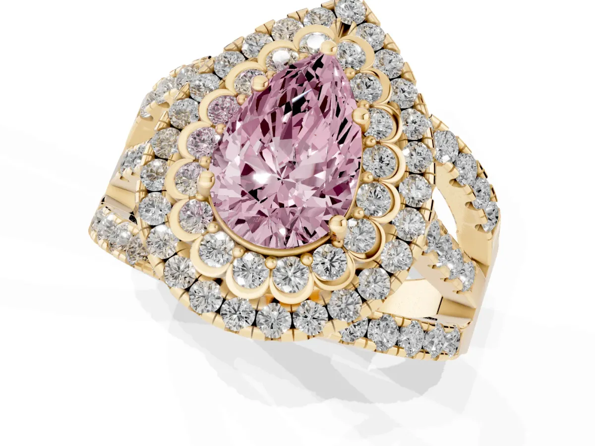 Fancy Pink Pear Cut Diamond Double Halo Ring with Round Pavé Split Shank and Prong Setting Yellow gold