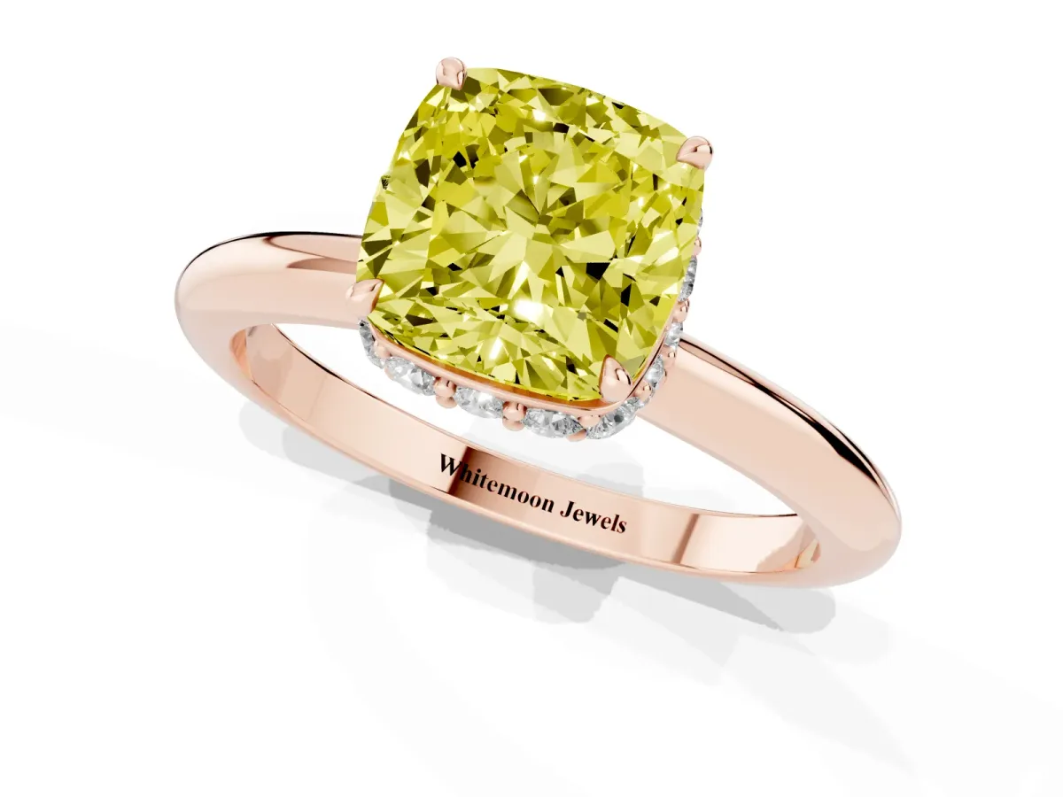 Fancy Yellow Cushion Cut Brilliant Solitaire Engagement Ring with Six-Prong Setting and Classic Band Rose gold