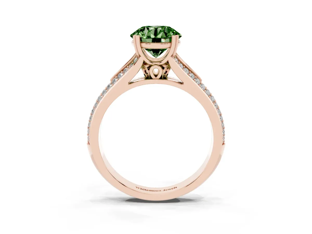 Fancy Green Round Cut Diamond Split Shank Engagement Ring with Pavé Band Rose gold