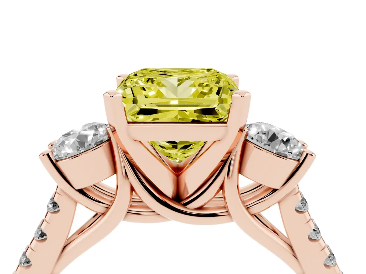 Fancy Yellow Three-Stone Princess Cut Diamond Pavé Band with Four-Prong Setting Rose gold