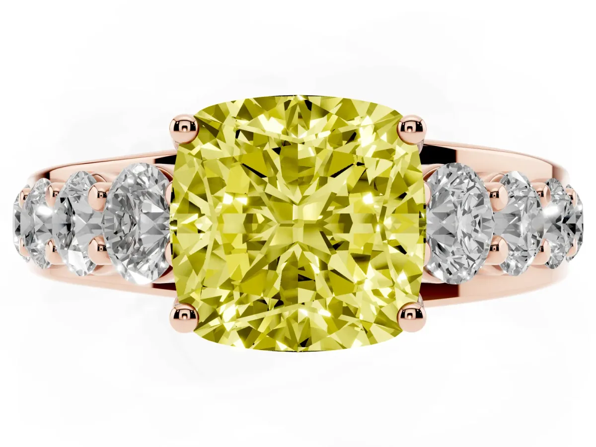 Fancy Yellow Cushion Cut Diamond Engagement Ring with Pavé Band and Four-Prong Setting Rose gold
