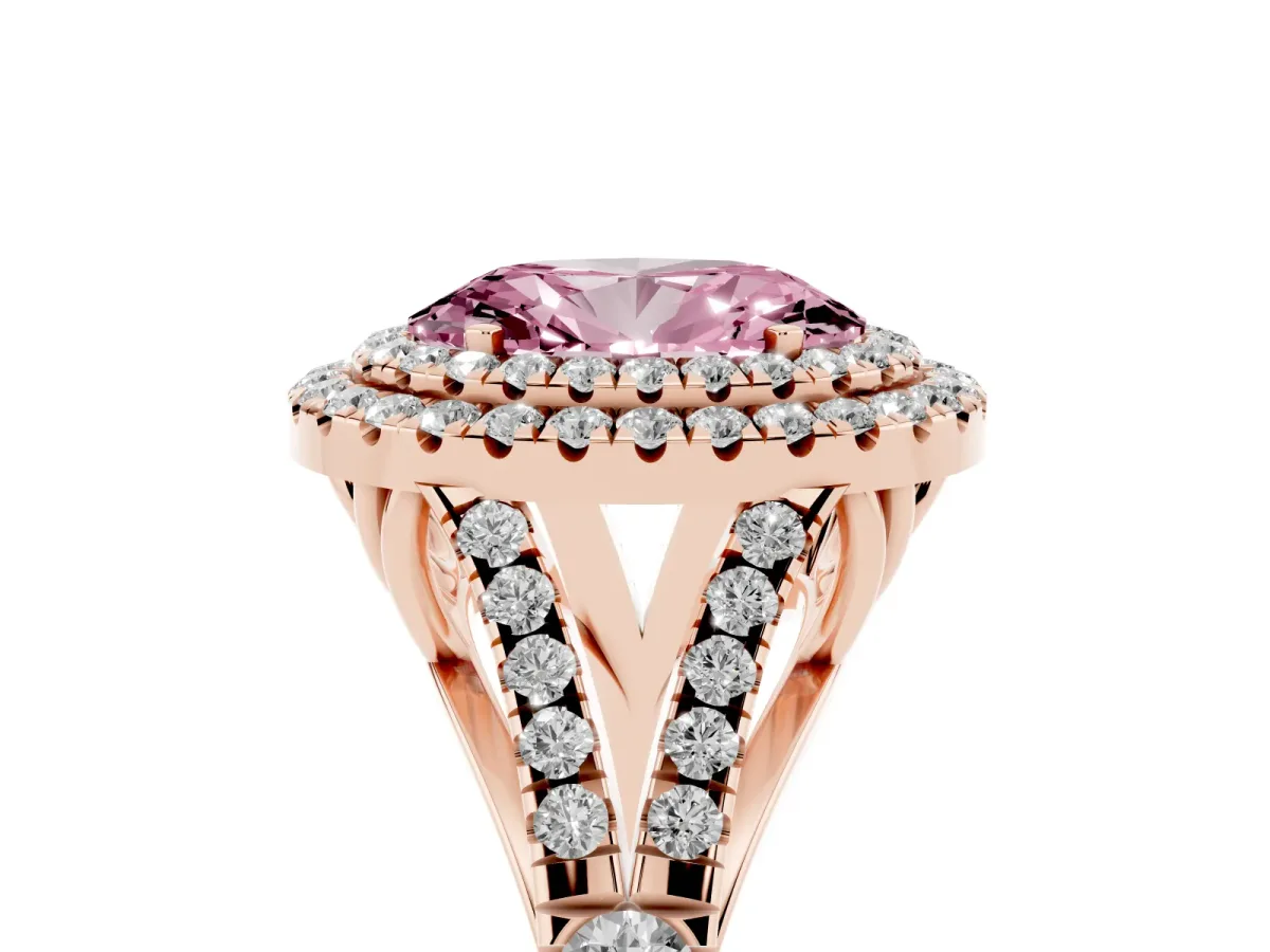Fancy Pink Oval Cut Diamond Pavé Split Shank Double Halo Engagement Ring Rose gold