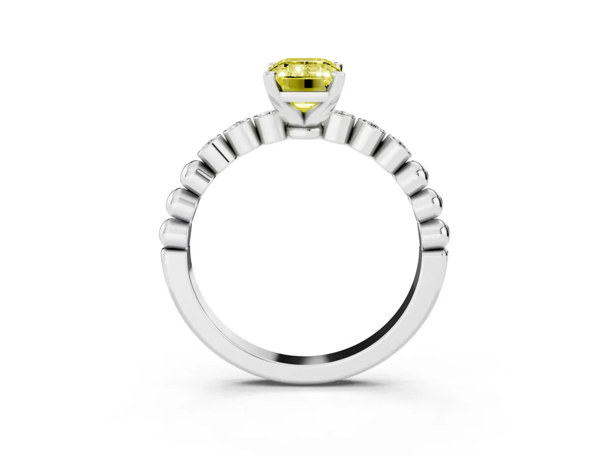 Fancy Yellow Emerald Cut Solitaire Bezel Accent Diamond Engagement Ring with Beaded Band and Four-Prong Setting White gold