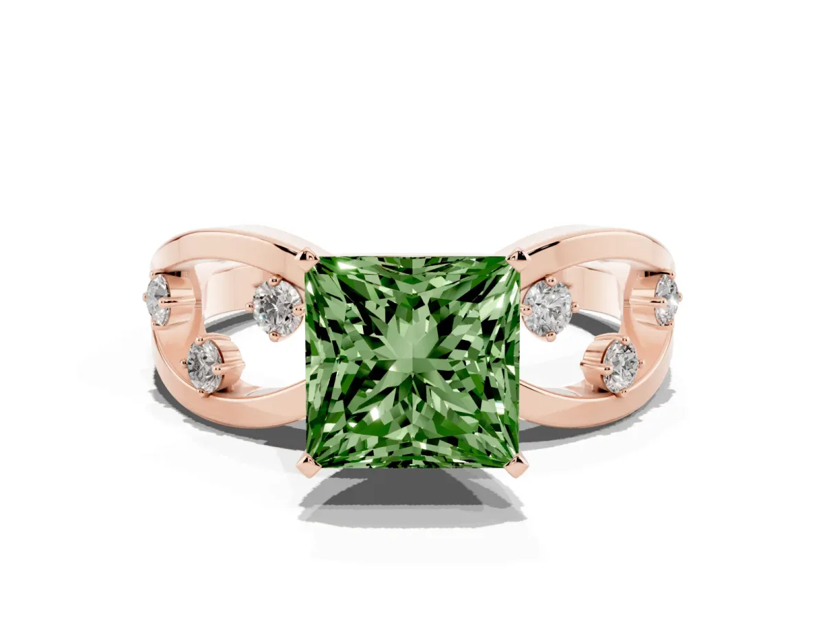 Fancy Green Princess Cut Cut Solitaire Diamond with Side Stones on Criss-Cross Band and Four-Prong Setting Rose gold