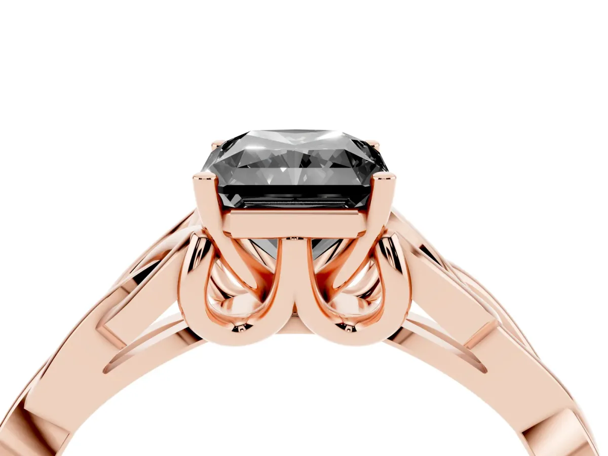 Fancy Black Radiant Cut Diamond Solitaire Engagement Ring with Celtic Knot Band and Four-Prong Setting Rose gold