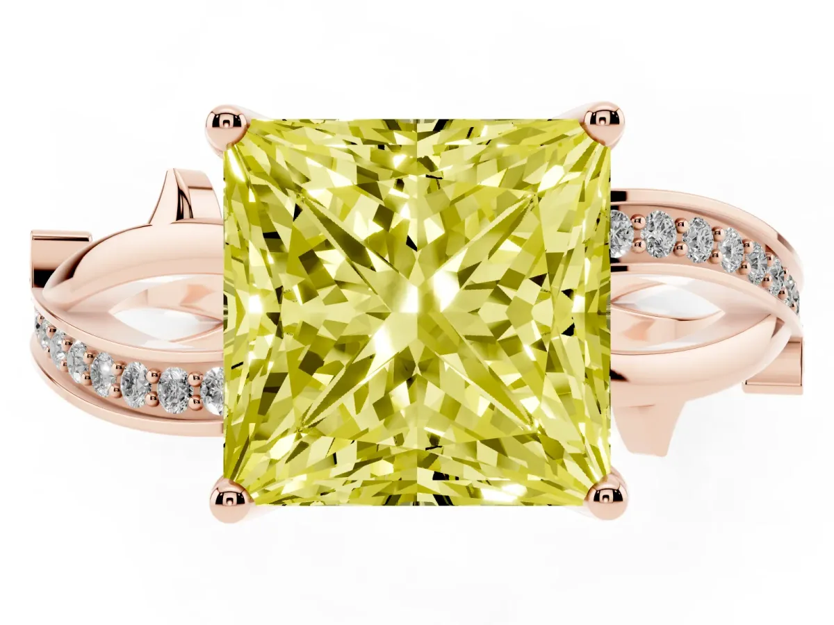 Fancy Yellow Princess Cut Solitaire Twist Band with Pavé Accents and Four-Prong Setting Rose gold
