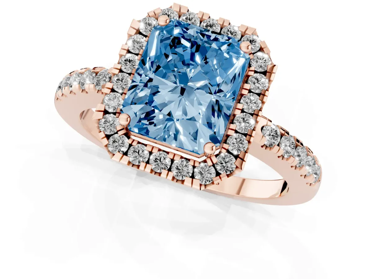 Fancy Blue Radiant Cut Halo Diamond Engagement Ring with Pavé Band and Four-Prong Setting Rose gold