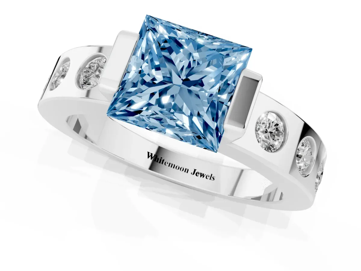 Fancy Blue Princess Cut Brilliant Channel-Set Diamond Ring with Bezel Prong Setting Silver