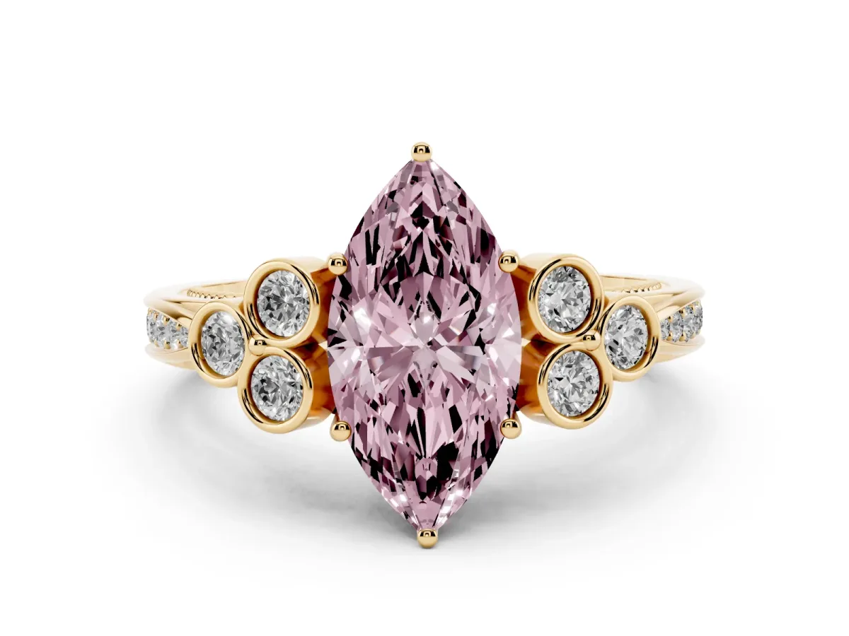 Fancy Pink Marquise Cut Cut Diamond Engagement Ring with Bezel Set Round Side Stones and Prong Setting Yellow gold