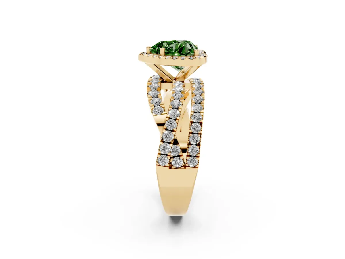 Fancy Green Heart Cut Diamond Halo Ring with Round Split Shank and Prong Setting Yellow gold