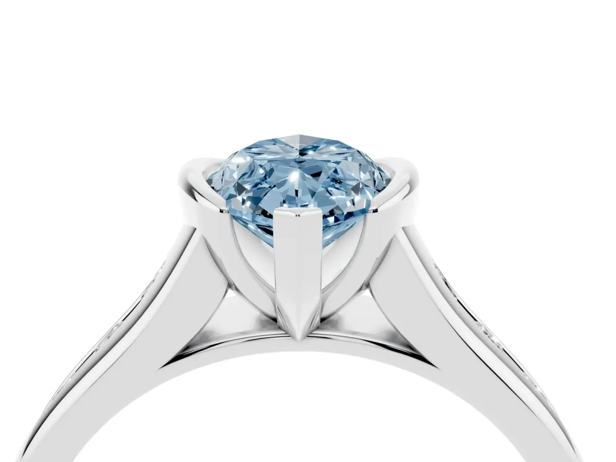 Fancy Blue Marquise Cut Solitaire Bezel-Set Diamond Ring with Channel-Set Band Silver