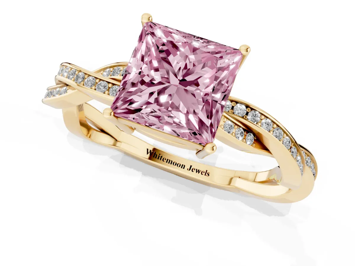 Fancy Pink Princess Cut Solitaire Twisted Pave Diamond Ring with Four-Prong Setting Yellow gold