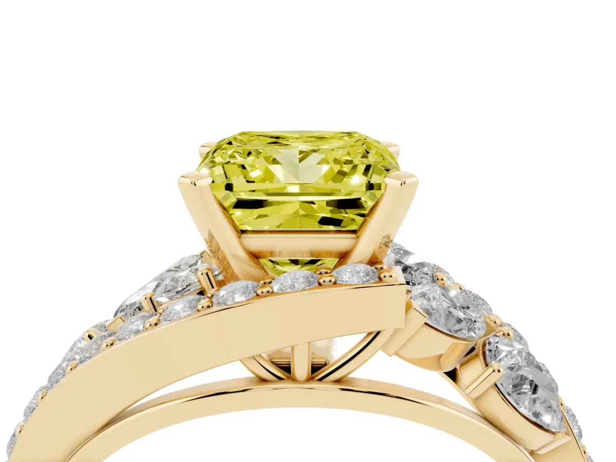 Fancy Yellow Princess Cut Diamond Halo Ring with Marquise and Pavé Band in Prong Setting Yellow gold