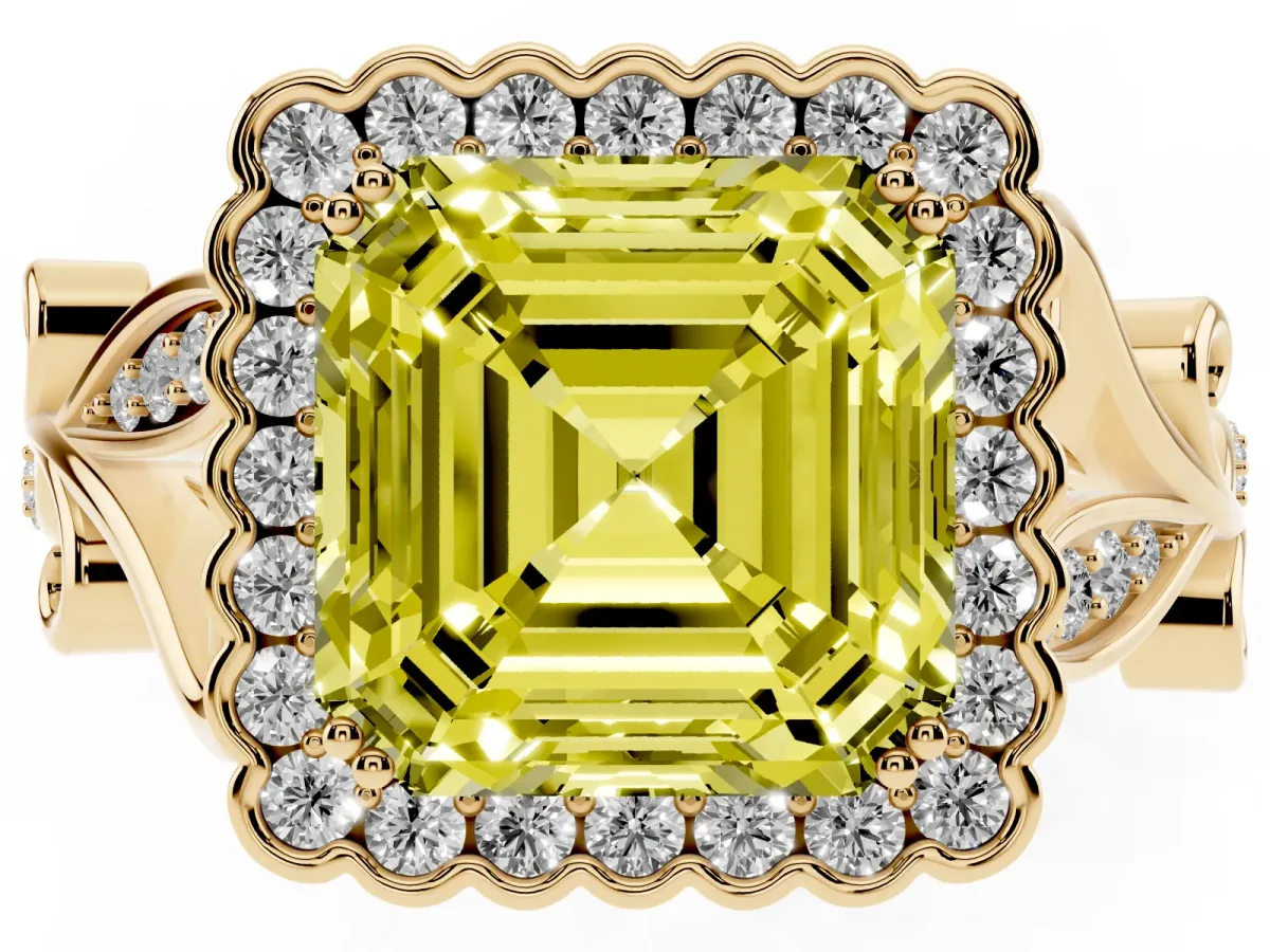 Fancy Yellow Asscher Cut Diamond Halo Ring with Vintage Split Shank and Four-Prong Setting Yellow gold