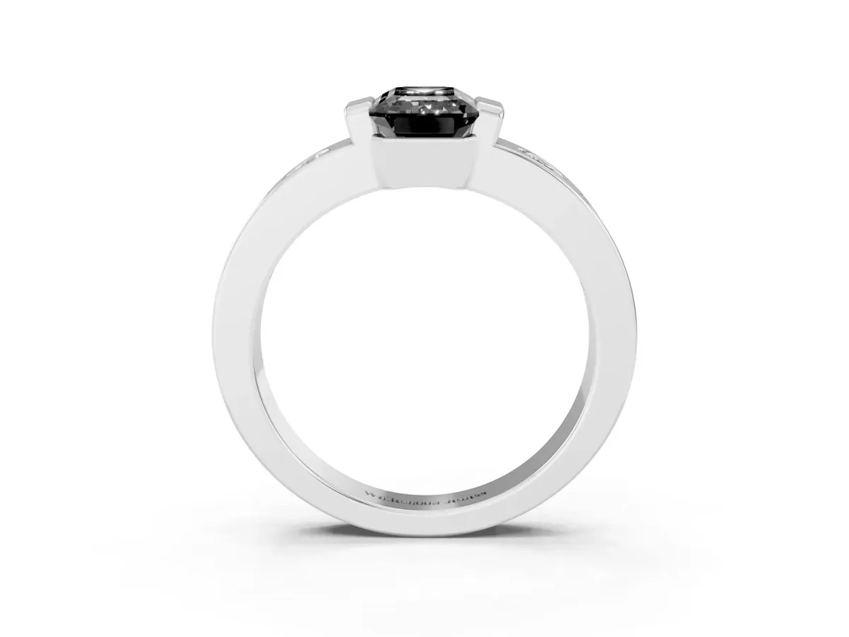 Fancy Black Emerald Cut Brilliant Channel-Set Diamond Ring with Bezel Prong Setting Platinum