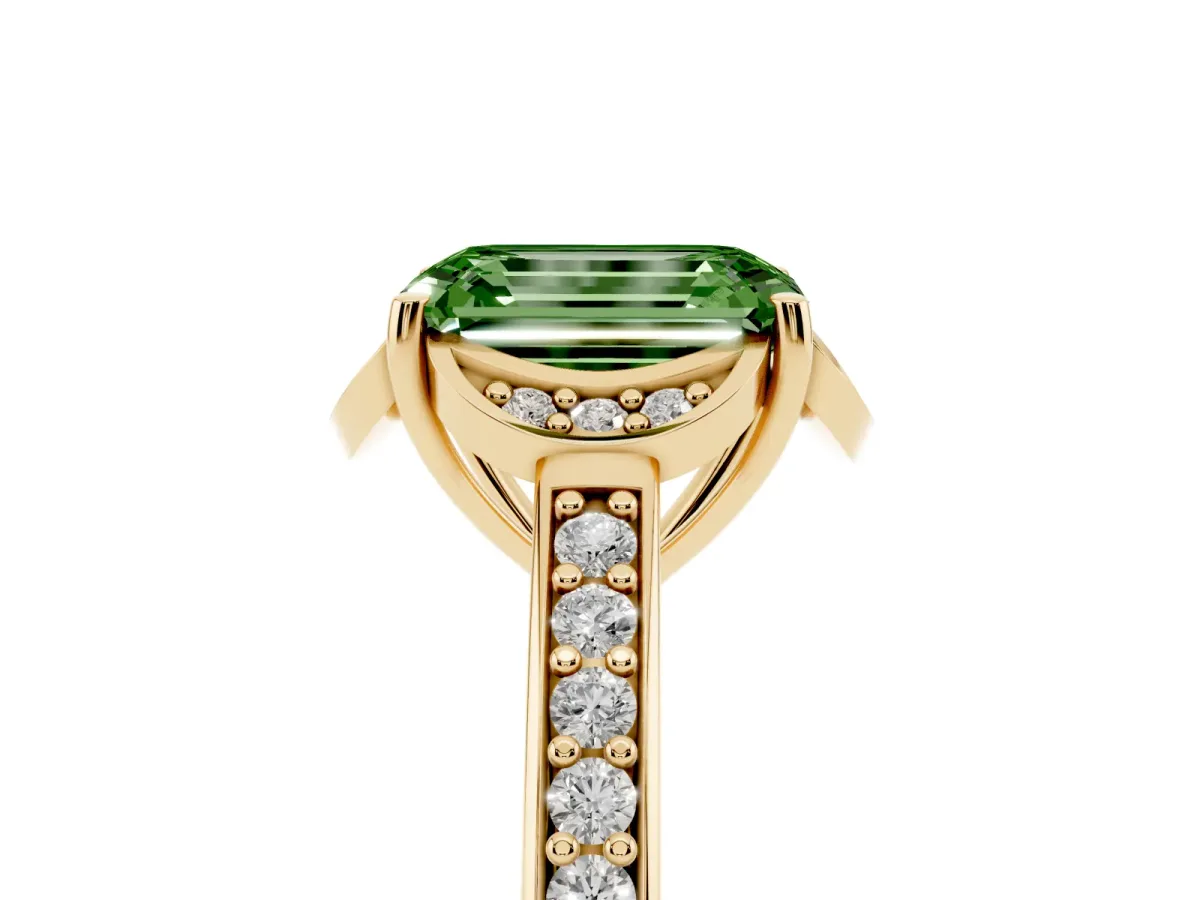 Fancy Green Emerald Cut Cut Halo Diamond Ring with Channel Set Band and Four-Prong Setting Yellow gold