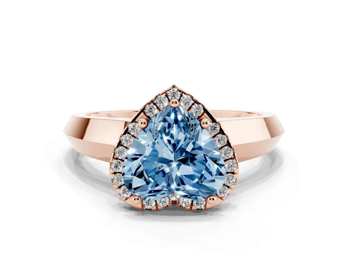 Fancy Blue Heart Cut Halo Diamond Ring with Cathedral Band and Four-Prong Setting Rose gold