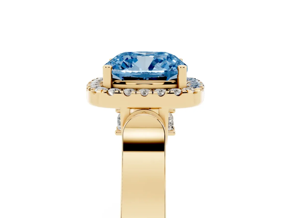 Fancy Blue Cushion Cut Halo Pave Split Shank Prong Setting Ring Yellow gold