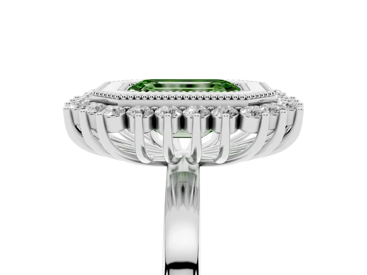 Fancy Green Emerald Cut Halo Diamond Ring with Milgrain Edge and Round Prong Setting Silver