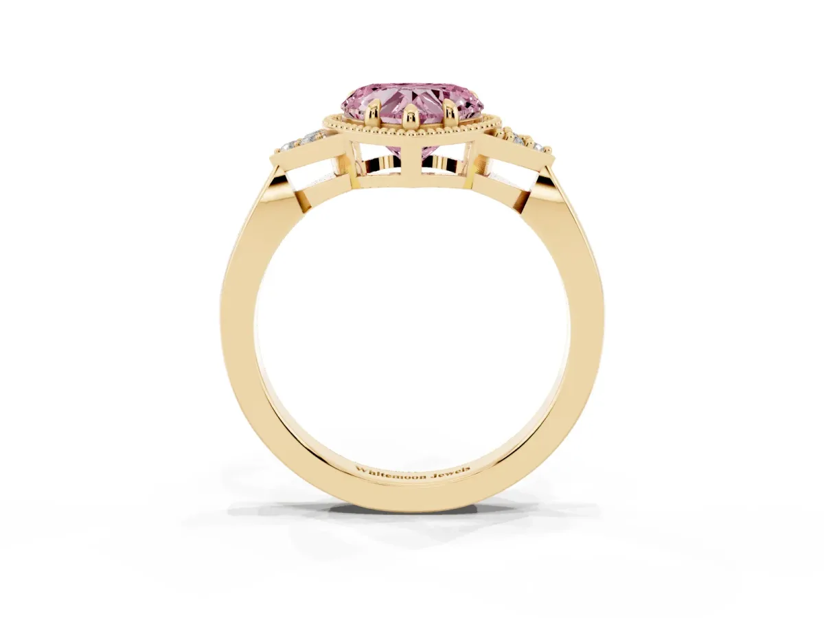 Fancy Pink Milgrain Heart Cut Cut Diamond Ring with Tapered Pave Band and Four Prong Setting Yellow gold
