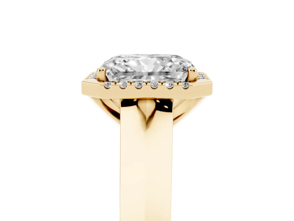 Radiant Cut Halo Diamond Ring with Cathedral Band and Four-Prong Setting Yellow gold