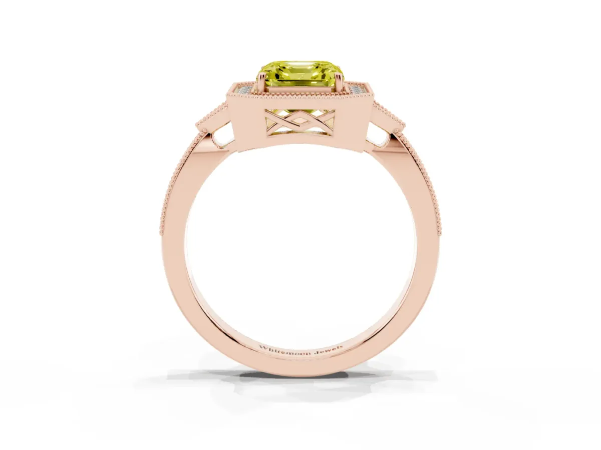 Fancy Yellow Asscher Cut Halo Round Diamond Milgrain Pave Engagement Ring Rose gold