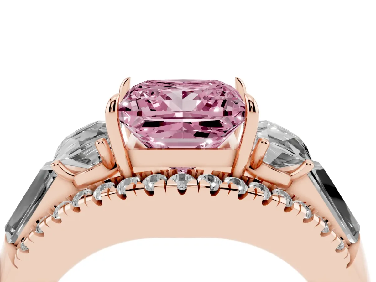 Fancy Pink Three-Stone Princess Cut Diamond Engagement Ring with Pave Band and Prong Setting Rose gold