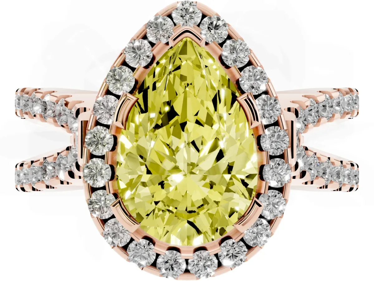 Fancy Yellow Pear Cut Diamond Halo Ring with Split Shank Pavé Band and Prong Setting Rose gold