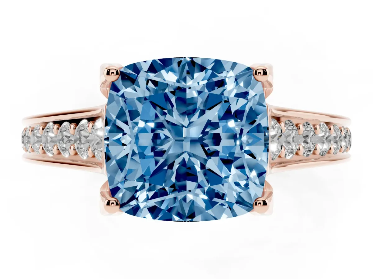 Fancy Blue Cushion Cut Brilliant Cut Diamond Engagement Ring with Pavé Band and Four-Prong Setting Rose gold