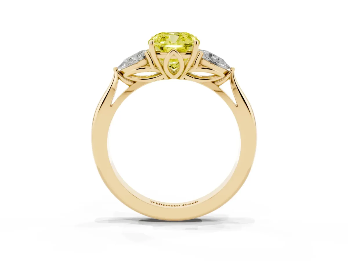 Fancy Yellow Three-Stone Cushion Cut Brilliant Diamond Solitaire Ring with Tapered Band and Four-Prong Setting Yellow gold